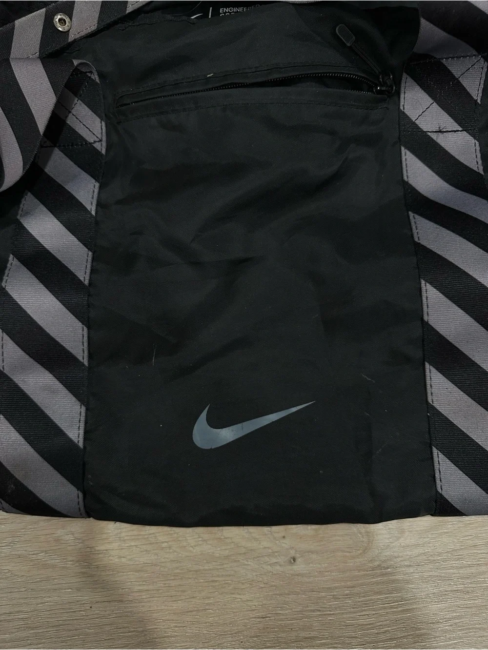 Nike Black Duffel Tote with Gray Diagonal-Striped Handles
